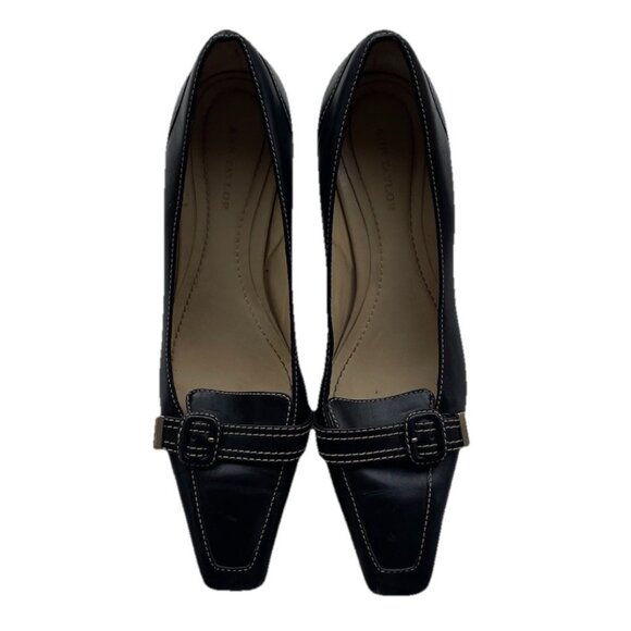 Vintage Ann Taylor Womens Black Kitten Heels w/Square Toes Buckle Stiched Sz 7 - Picture 1 of 16